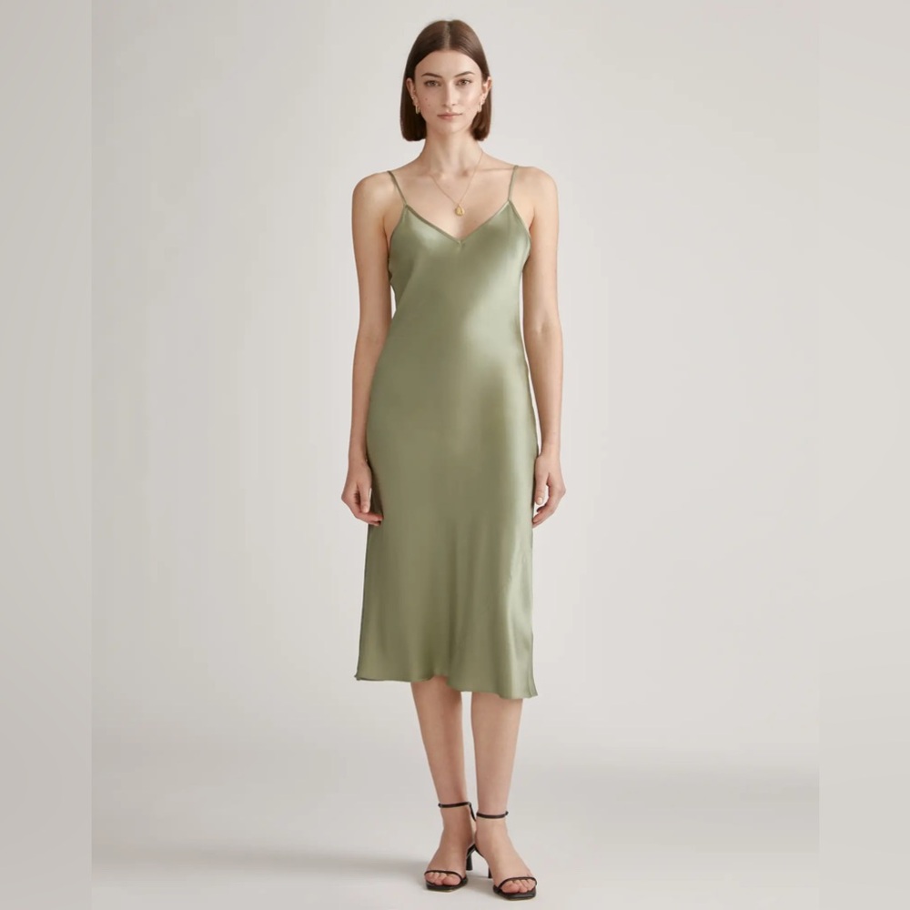 Quince 100% Mulberry Silk Slip Dress M Moss Green